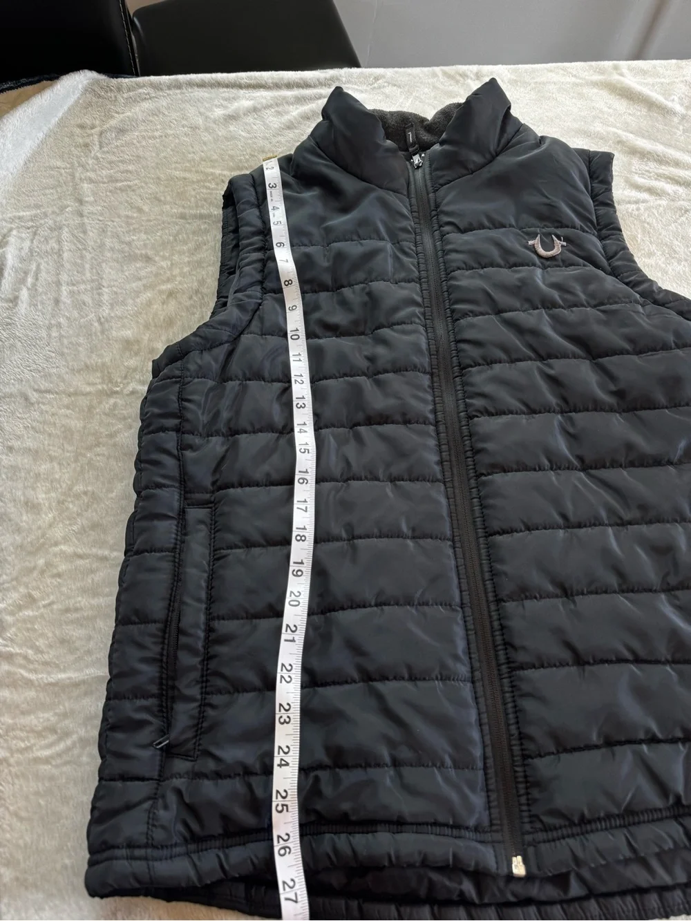True Religion Black Quilted Puffer Vest with Gray Hood Lining